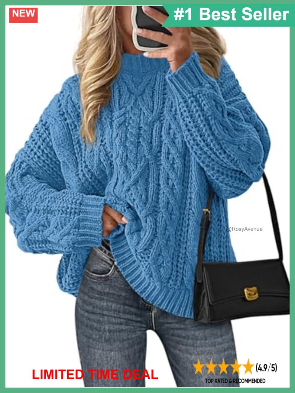 Oversized Chunky Cable Knit Pullover Sweater Crew Neck Ribbed Trim